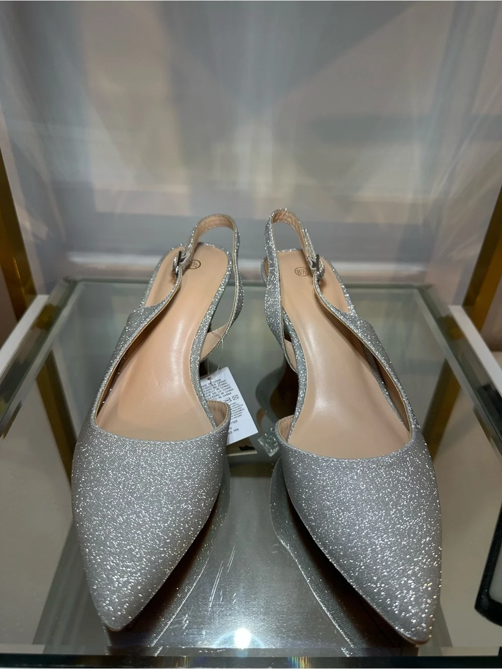 Mysoft Silver Glitter Slingback Kitten Heel Pumps Sz 8.5 NWT